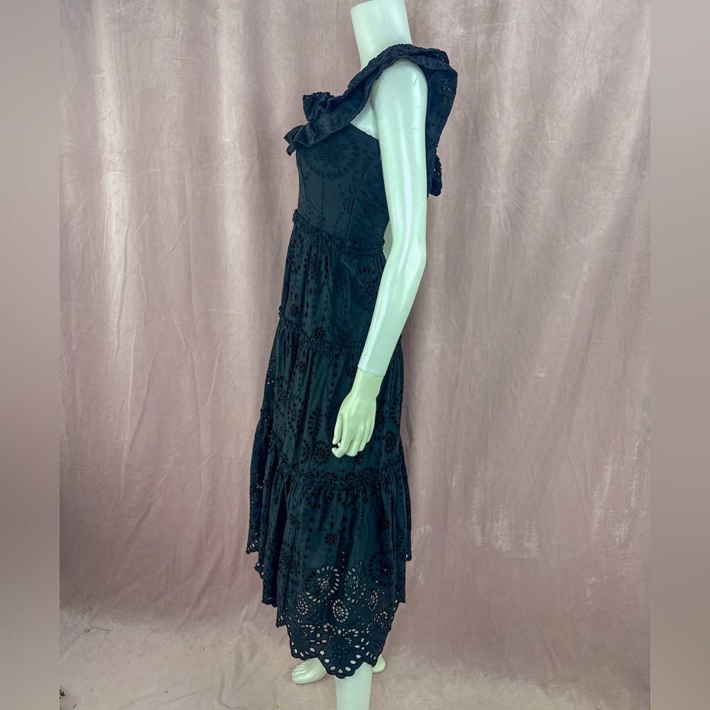 Zara Womens 100% Cotton Black Floral Eyelet Maxi Dress Size XS Off The Shoulder - Picture 3 of 8